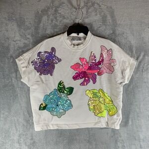 Essentiel Antwerp Womens Top 4 Sweatshirt Sequin Floral Embellished Short Sleeve